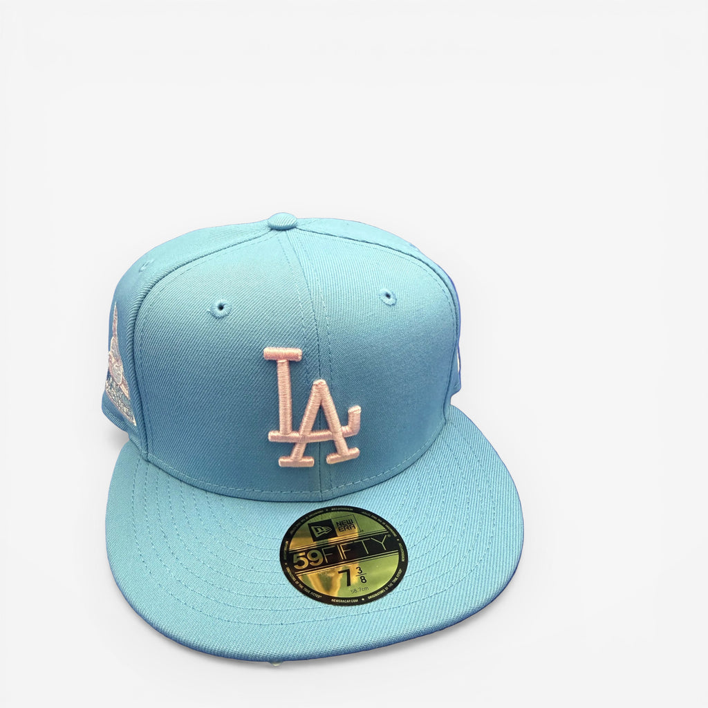 Light blue New Era fitted cap with LA logo, 59FIFTY sticker, hats, fitted caps