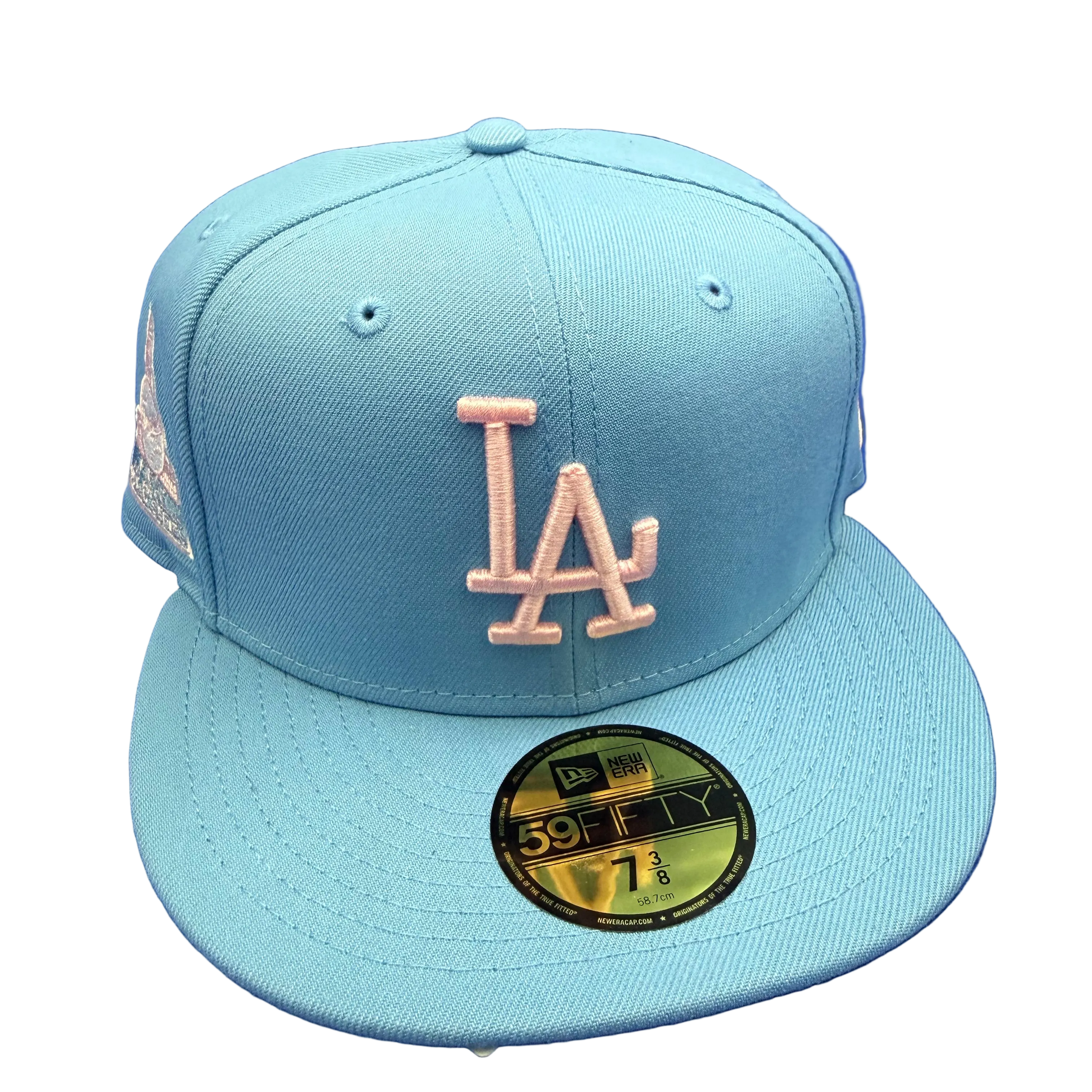 Light blue New Era fitted cap with LA logo, 59FIFTY sticker, hats, fitted caps
