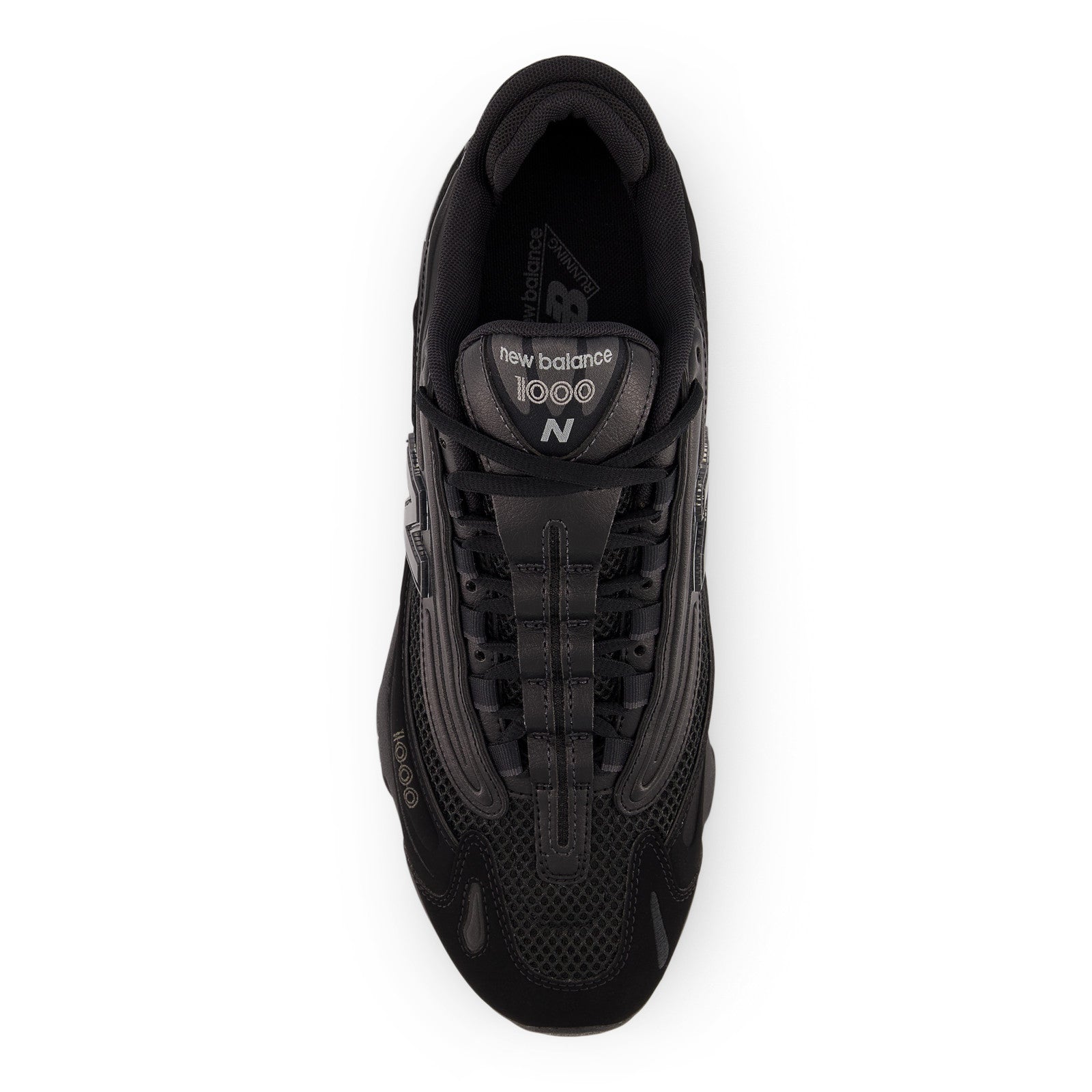 new balance black sneaker top view, athletic footwear with mesh and leather details