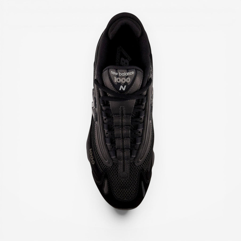 new balance black sneaker top view, athletic footwear with mesh and leather details