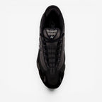 new balance black sneaker top view, athletic footwear with mesh and leather details