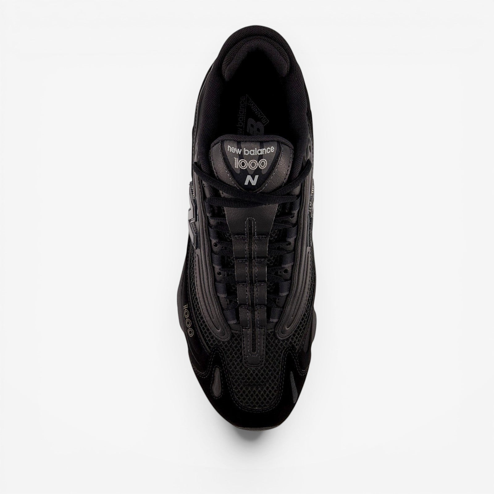 new balance black sneaker top view, athletic footwear with mesh and leather details