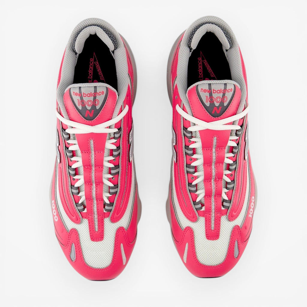 New Balance 1000 pink and gray sneakers top view, mesh and leather athletic footwear