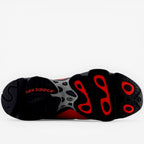 New Balance sneaker outsole in black, red, and gray with bold traction pattern, footwear