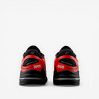 New Balance 1000 red and black sneakers, rear view, athletic footwear