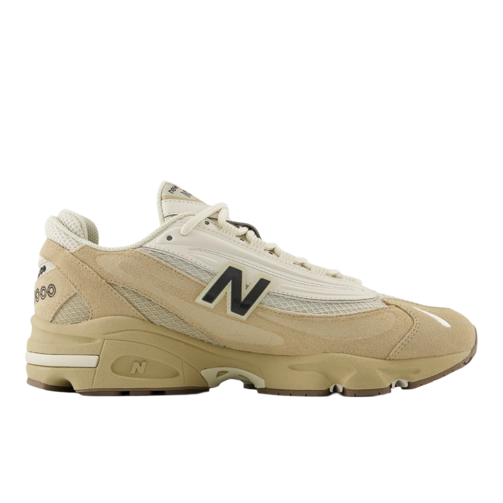 Beige New Balance sneaker with mesh and suede details, side profile, premium footwear