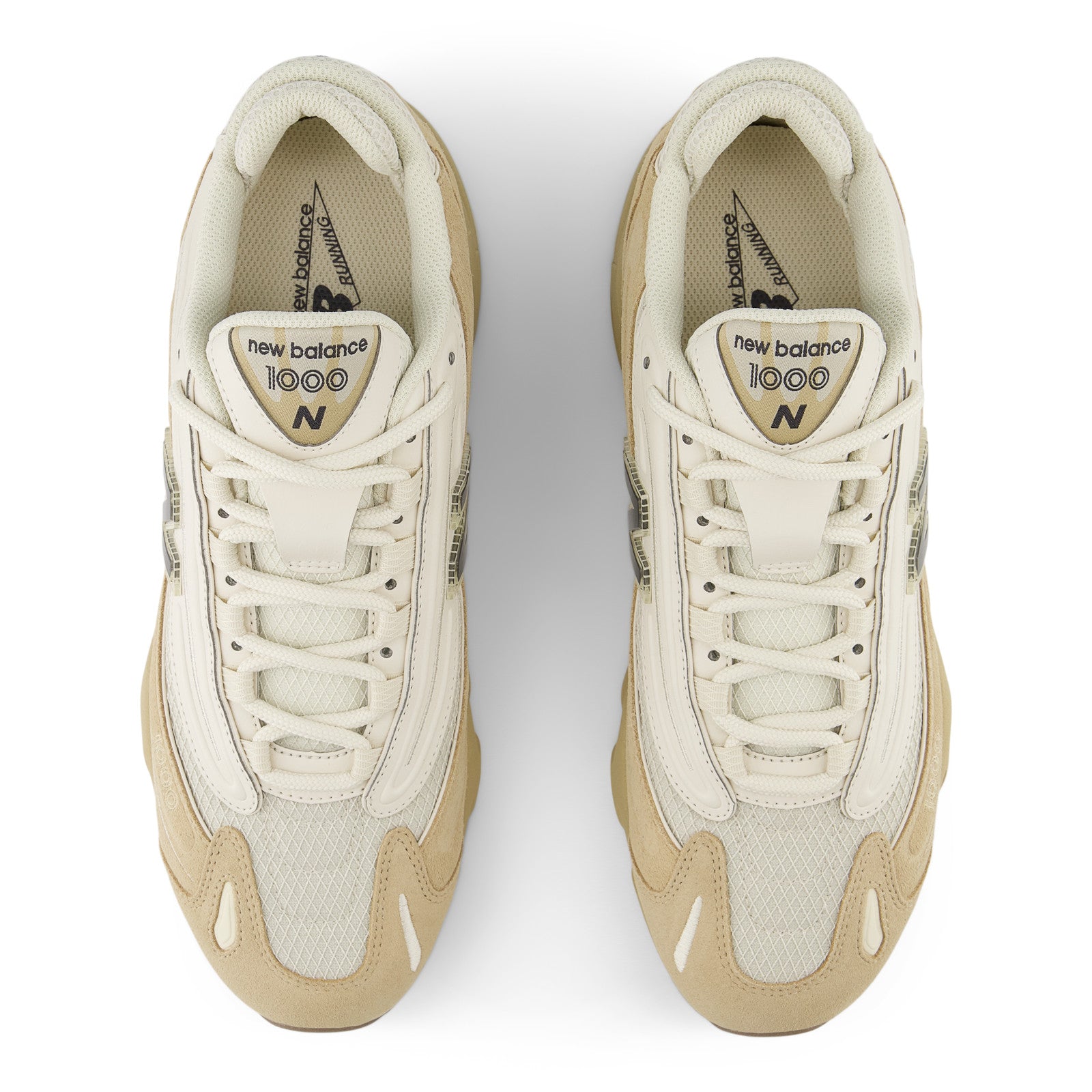 New Balance 1000 beige sneakers top view, mesh and suede details, footwear