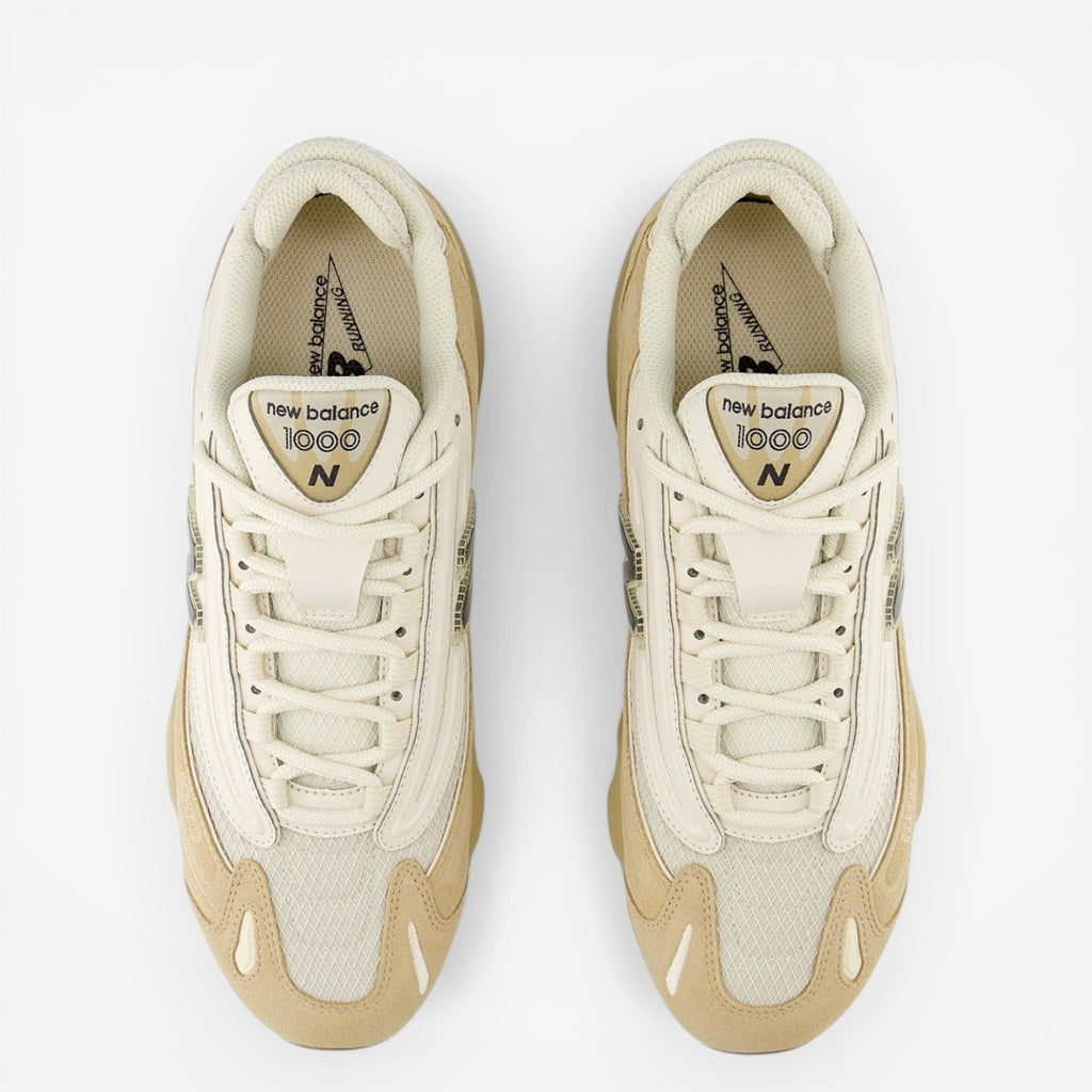 New Balance 1000 beige sneakers top view, mesh and suede details, footwear