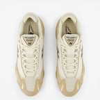 New Balance 1000 beige sneakers top view, mesh and suede details, footwear