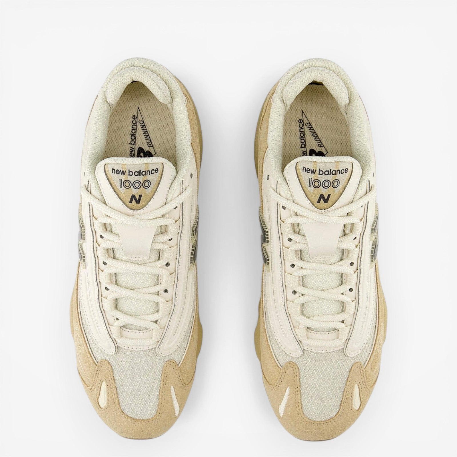 New Balance 1000 beige sneakers top view, mesh and suede details, footwear