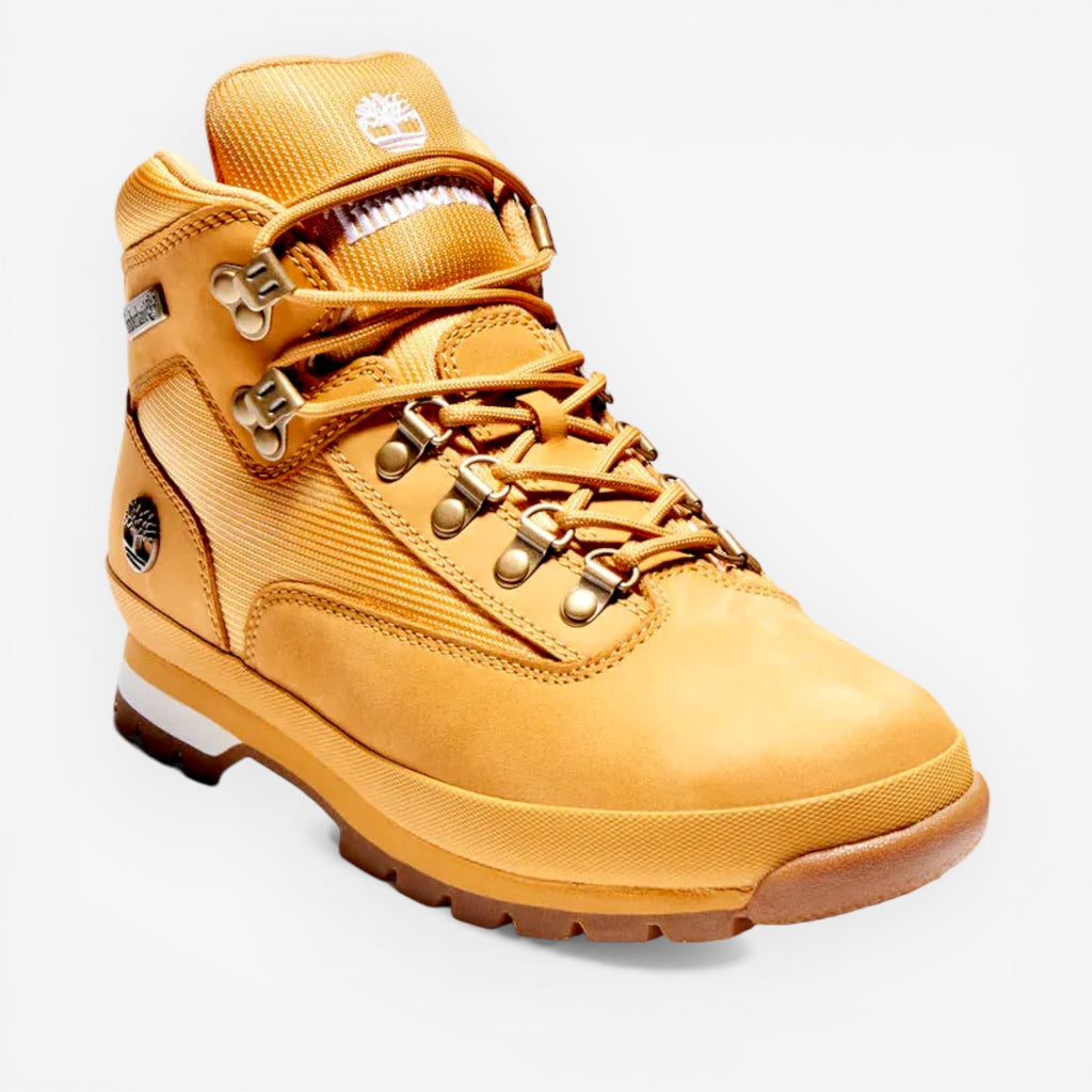 METRO Timberland Euro Hiker Mid wheat nubuck leather and CORDURA fabric hiking boots with lug sole.