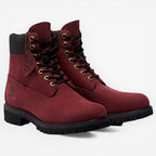 METRO Timberland Premium 6-Inch Waterproof Burgundy Nubuck Leather Boots with black laces and gold eyelets.