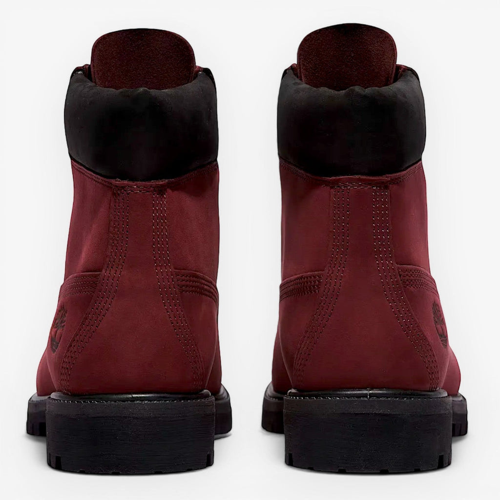 METRO Timberland Premium 6-Inch Waterproof Boot in burgundy nubuck leather with black collar and lug sole.
