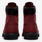 METRO Timberland Premium 6-Inch Waterproof Boot in burgundy nubuck leather with black collar and lug sole.