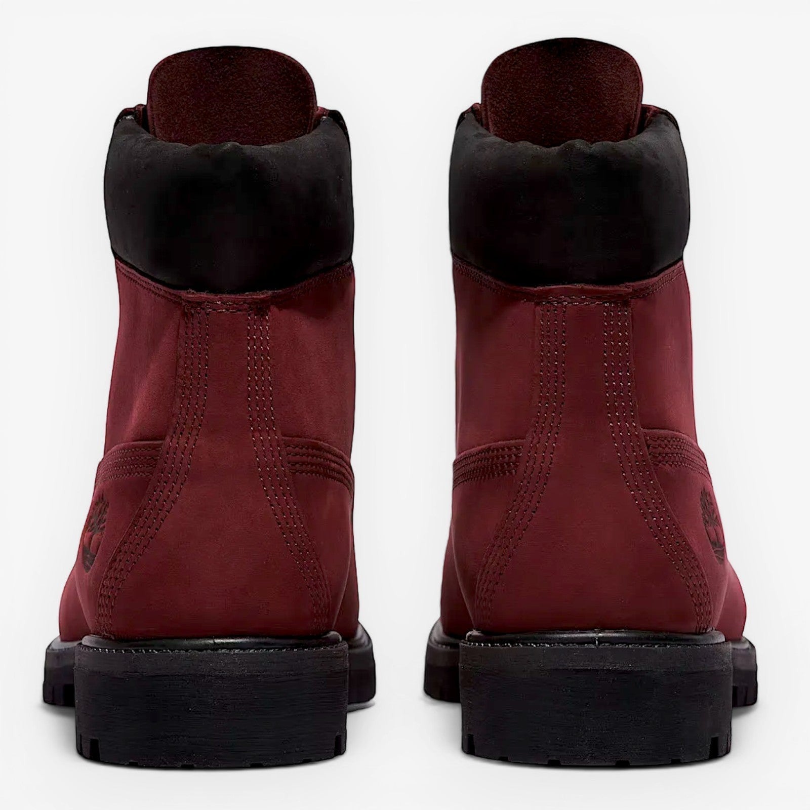 METRO Timberland Premium 6-Inch Waterproof Boot in burgundy nubuck leather with black collar and lug sole.