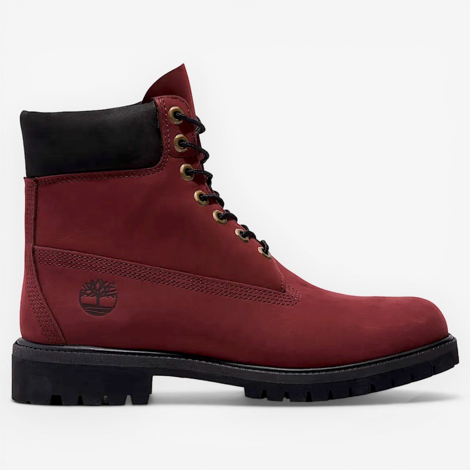 METRO burgundy nubuck waterproof Timberland boots with black collar and lug sole.