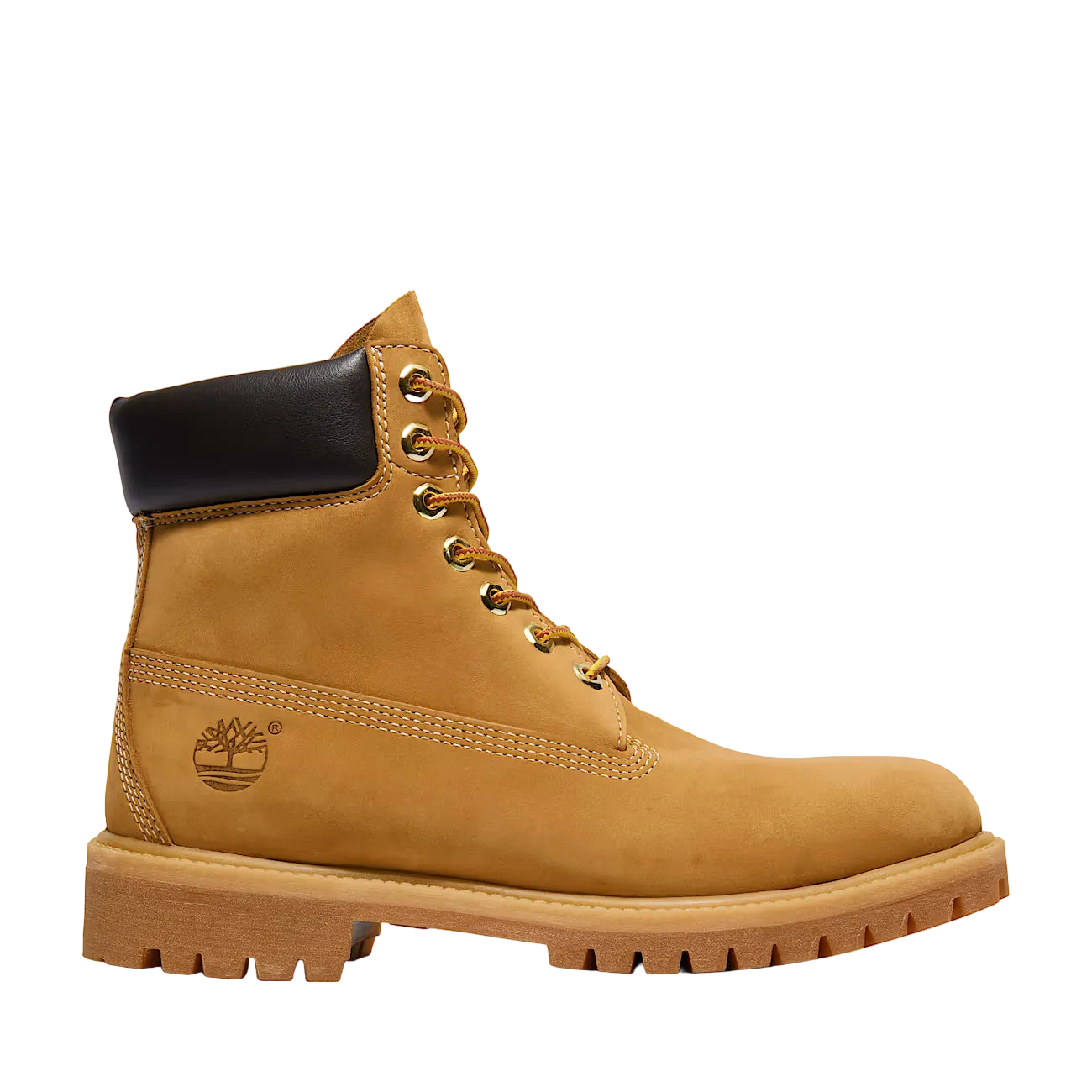 Tan Timberland boot with black top on a white background