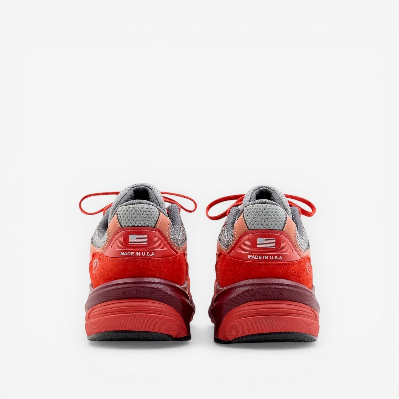 Red and grey New Balance sneakers rear view, athletic footwear, ENCAP sole detail