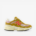 New Balance sneaker with tan suede, pink mesh, bold red N logo, chunky cream sole