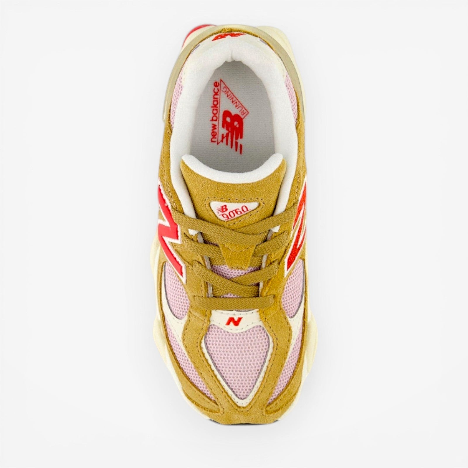New Balance sneaker in tan, pink, and red, top view, mesh and suede, footwear