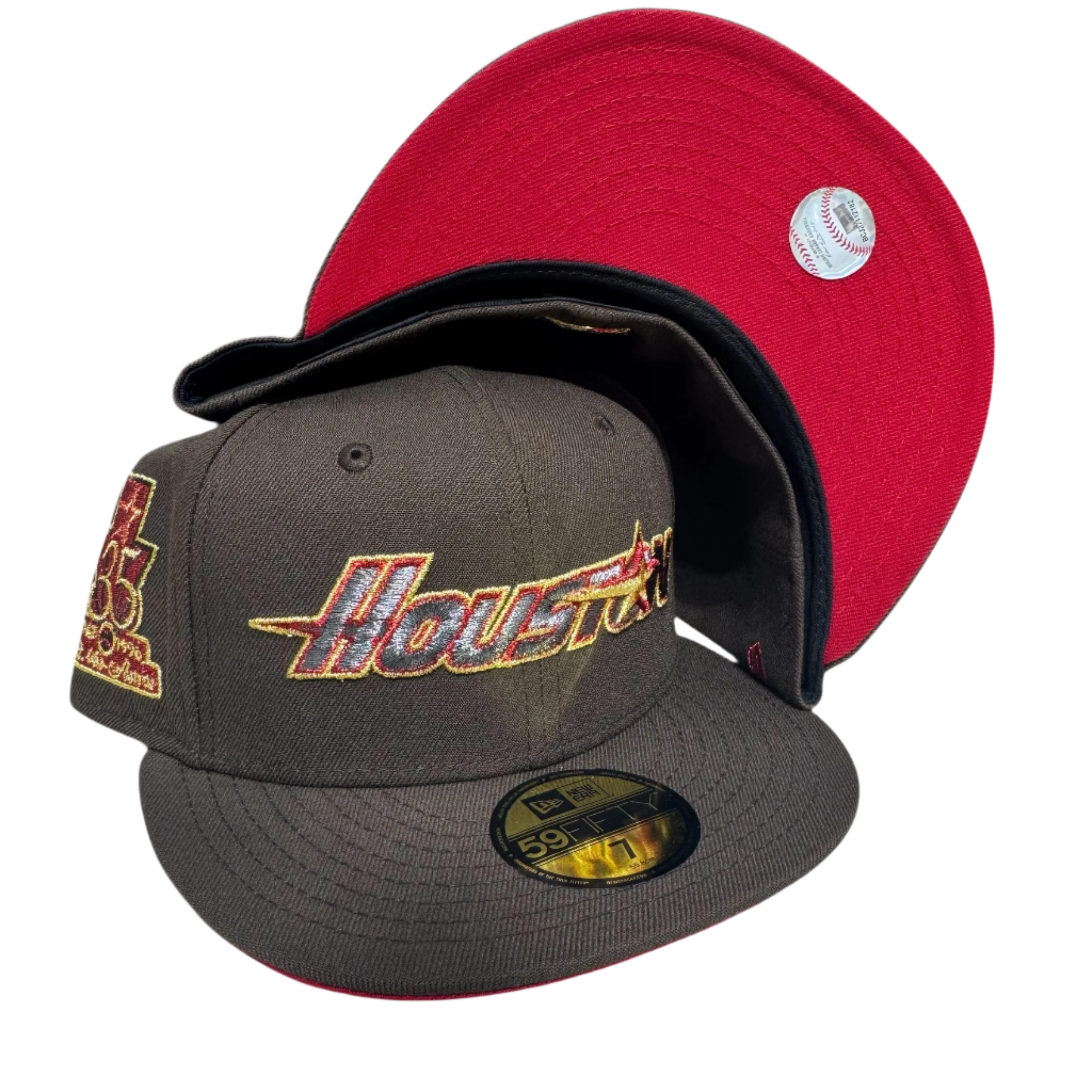 New Era Houston fitted cap, dark crown, red underbill, embroidered logo, hats, fitted caps