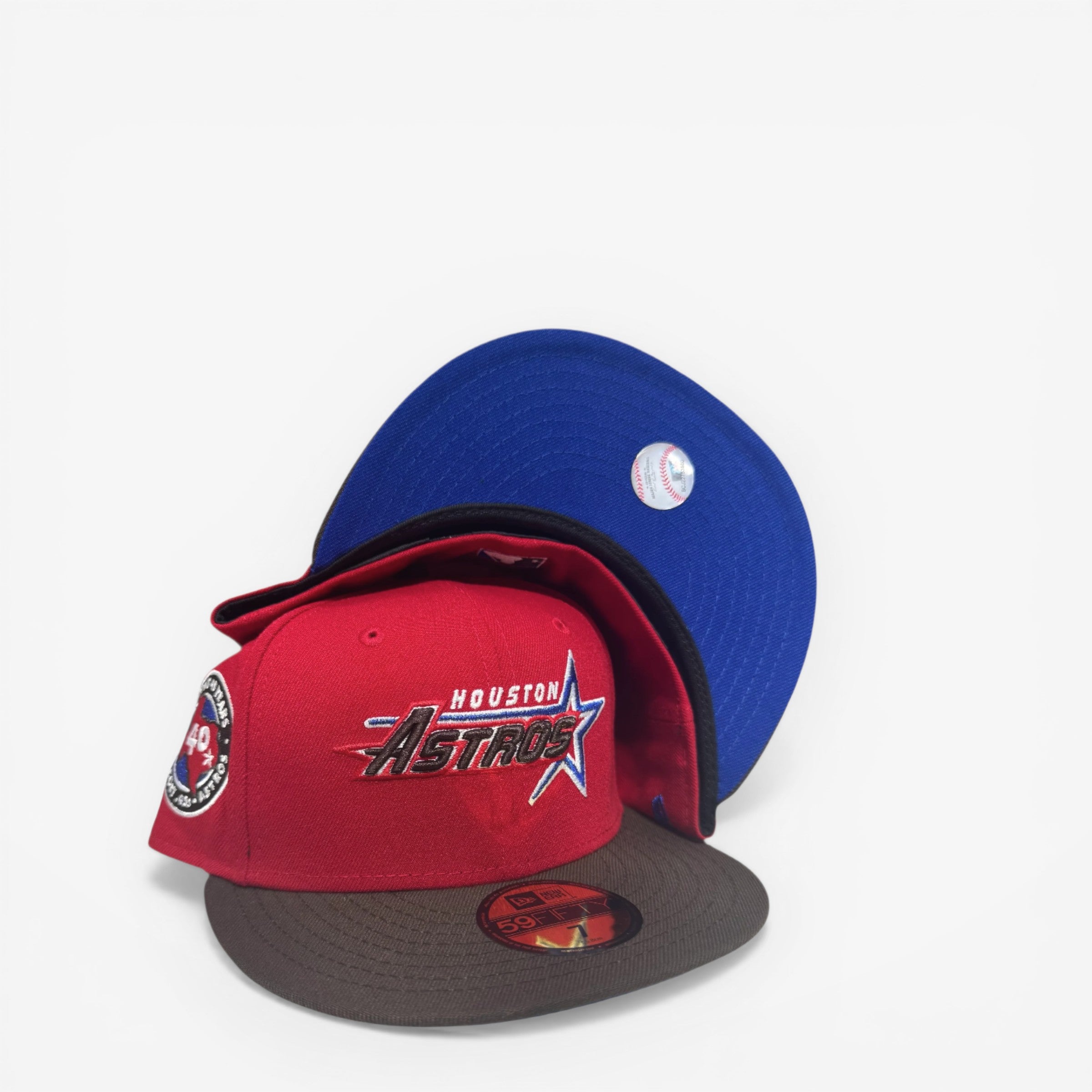Houston Astros New Era fitted cap, embroidered logo, red crown, blue underbrim, baseball patch