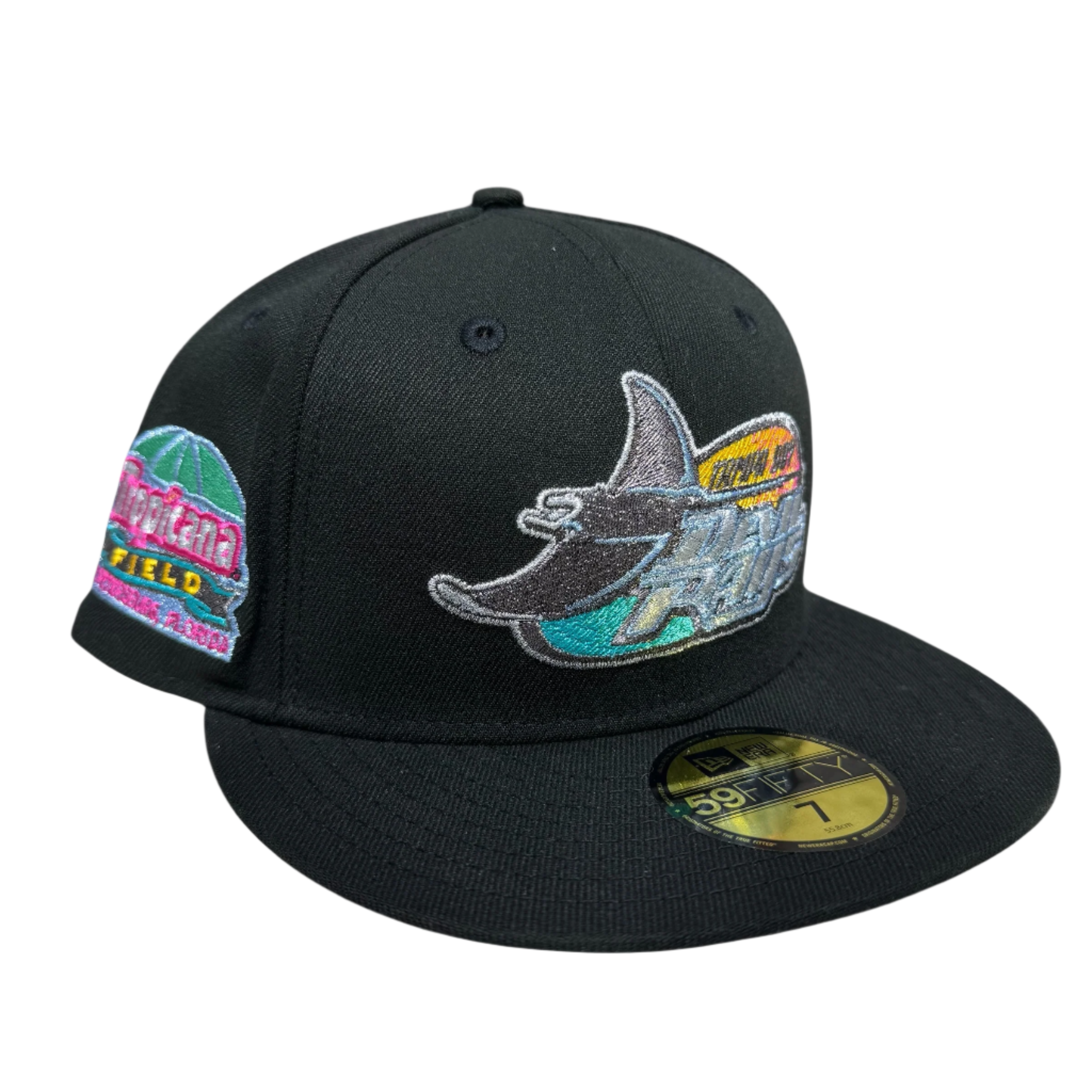 Black New Era fitted cap with colorful embroidered manta ray logo and Tropicana Field patch