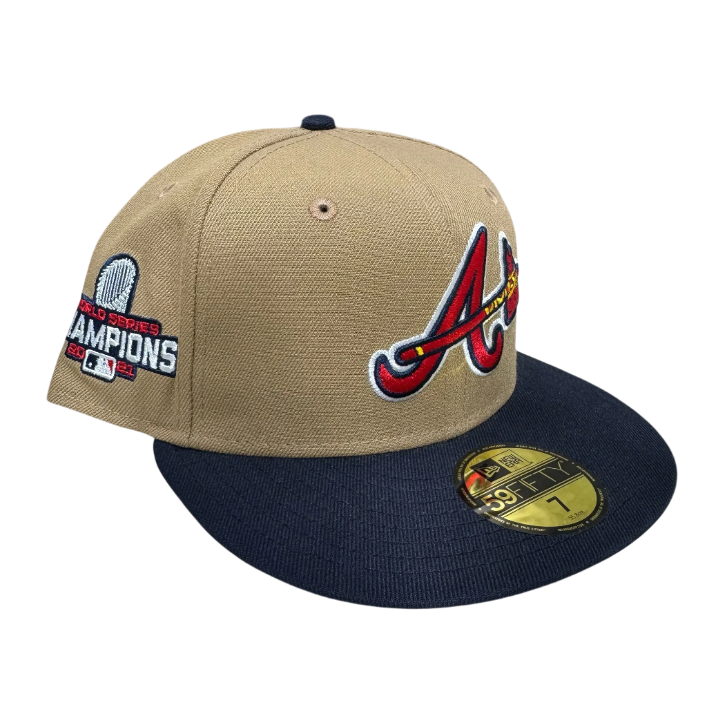 New Era fitted cap, tan and navy, World Series Champions patch, embroidered A logo