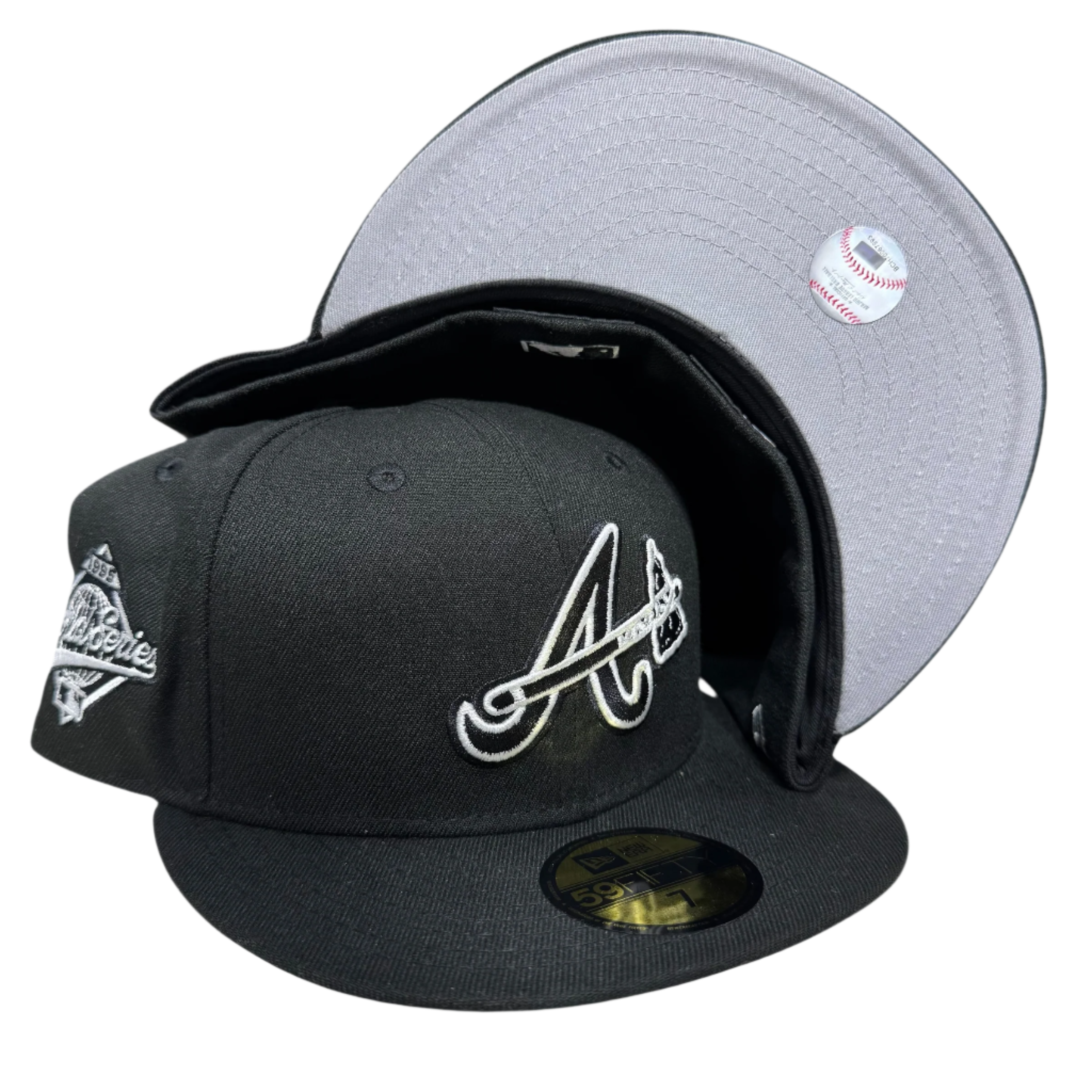 Black New Era fitted cap with embroidered A logo, World Series patch, and grey underbrim