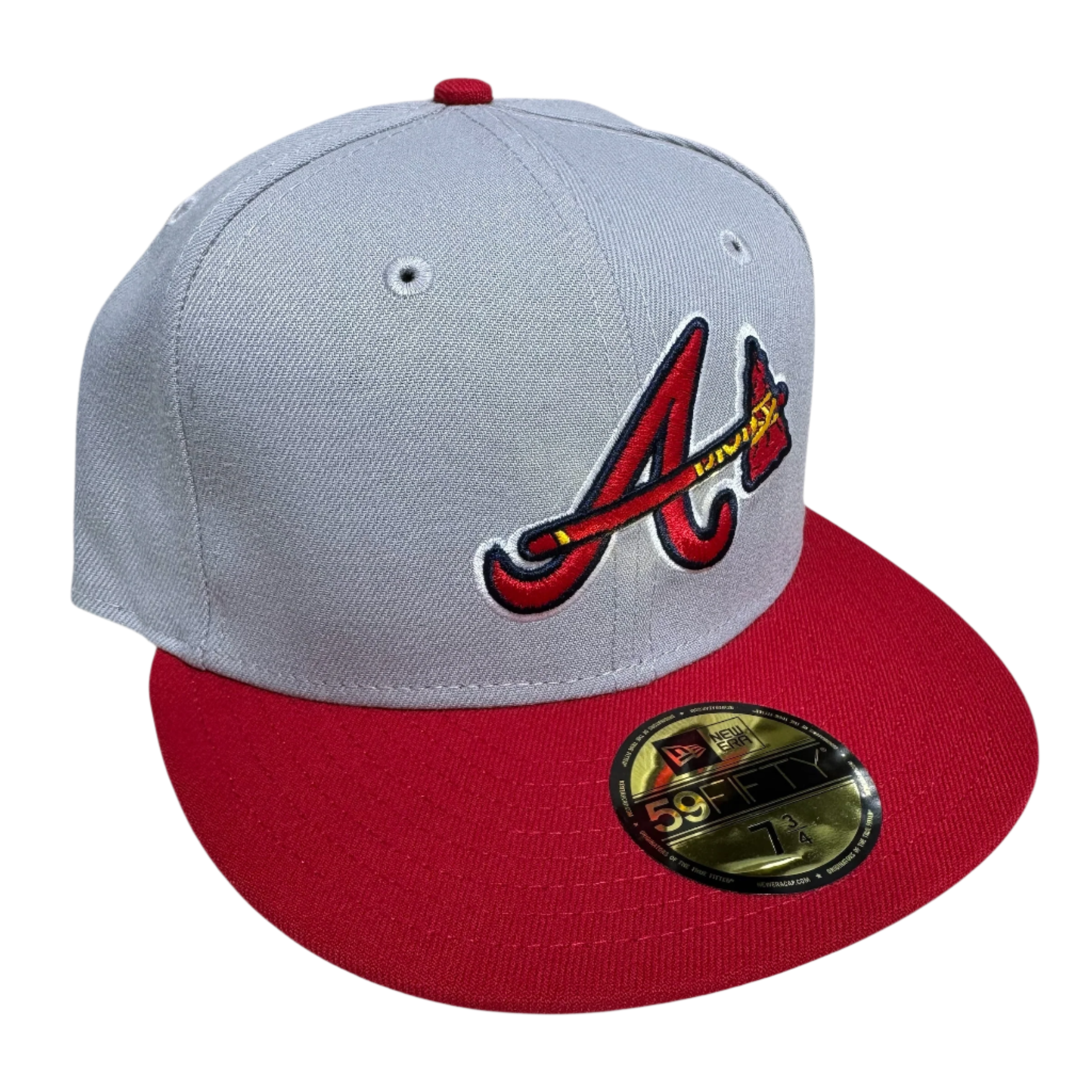 New Era fitted cap with red brim, white crown, large embroidered A logo, hats, fitted caps