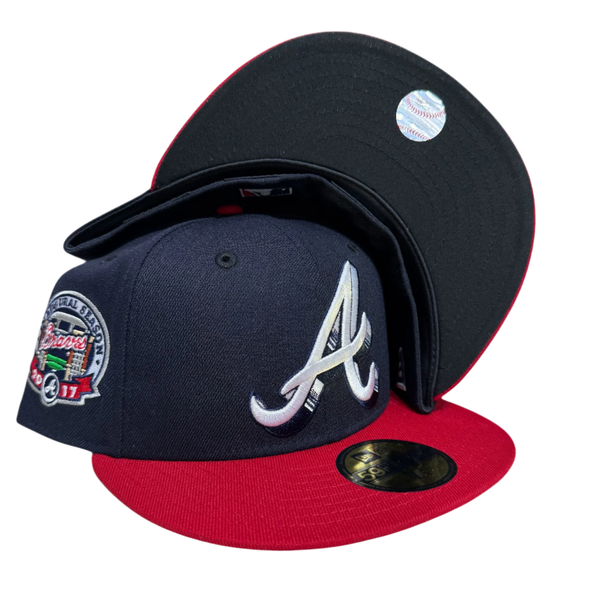 New Era fitted cap with embroidered Atlanta logo, red brim, baseball patch, hats, fitted caps