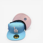 New Era light blue LA fitted cap with pink LA logo and pink underbrim, hats, fitted caps