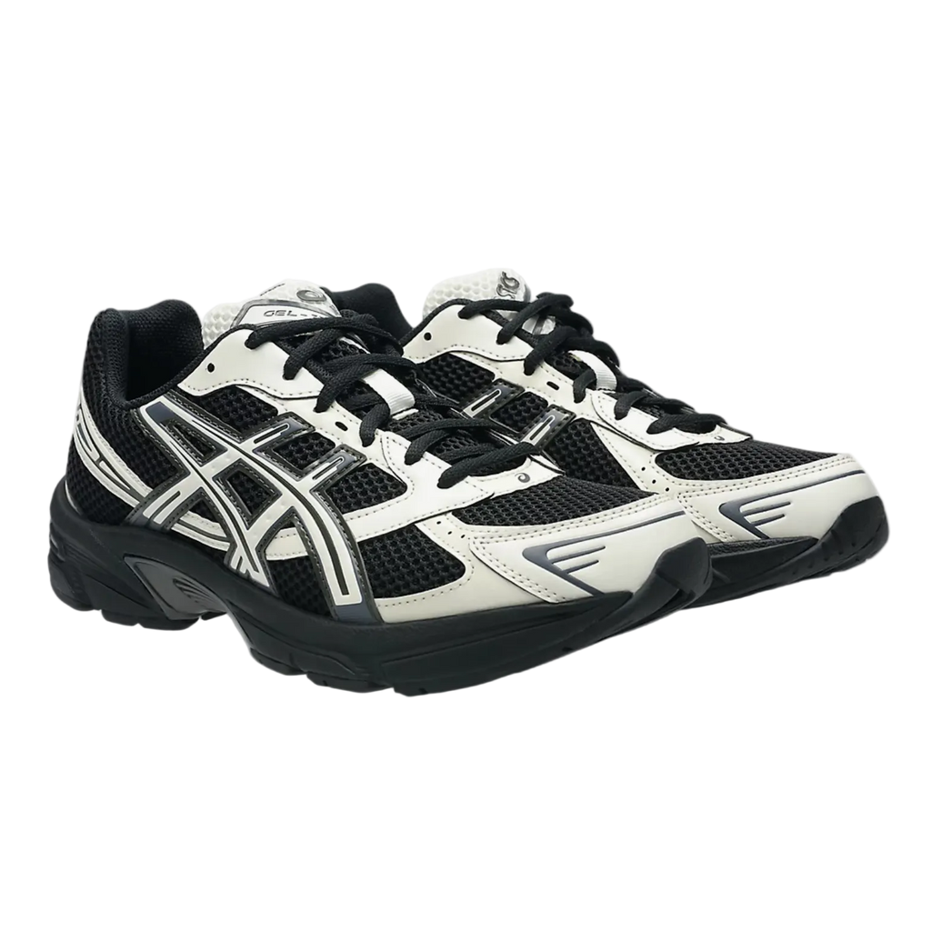 ASICS black and white sneakers, mesh and leather footwear, athletic running shoe style