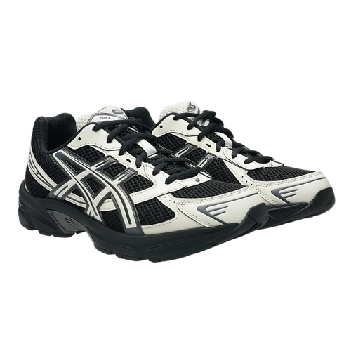ASICS black and white sneakers, mesh and leather footwear, athletic running shoe style