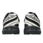 Back view of black and white new balance asics sneakers, mesh and leather footwear