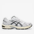 ASICS white mesh sneaker with black accents, athletic footwear, side profile