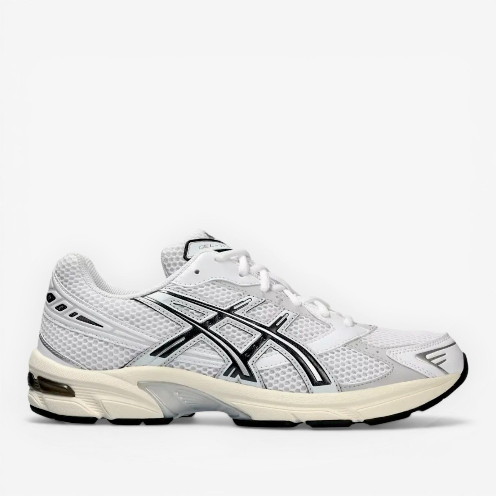 ASICS white mesh sneaker with black accents, athletic footwear, side profile