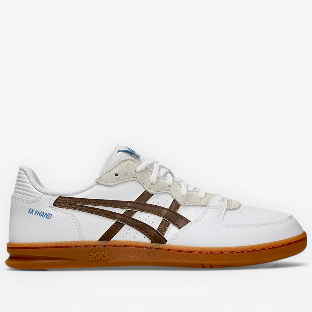 White sneaker with brown logo on a white background