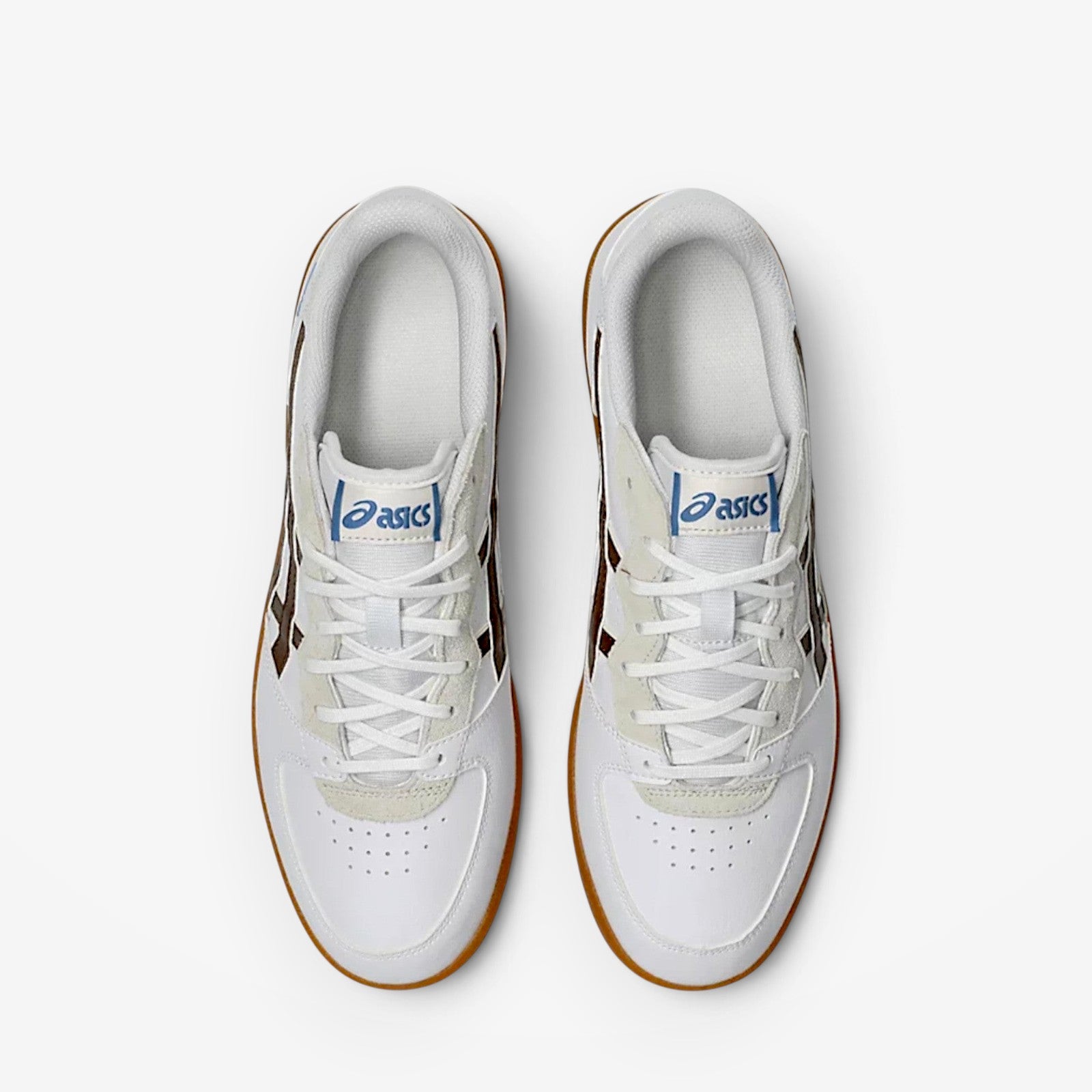 White asics with blue tag