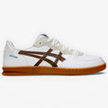 White sneaker with brown logo on a white background