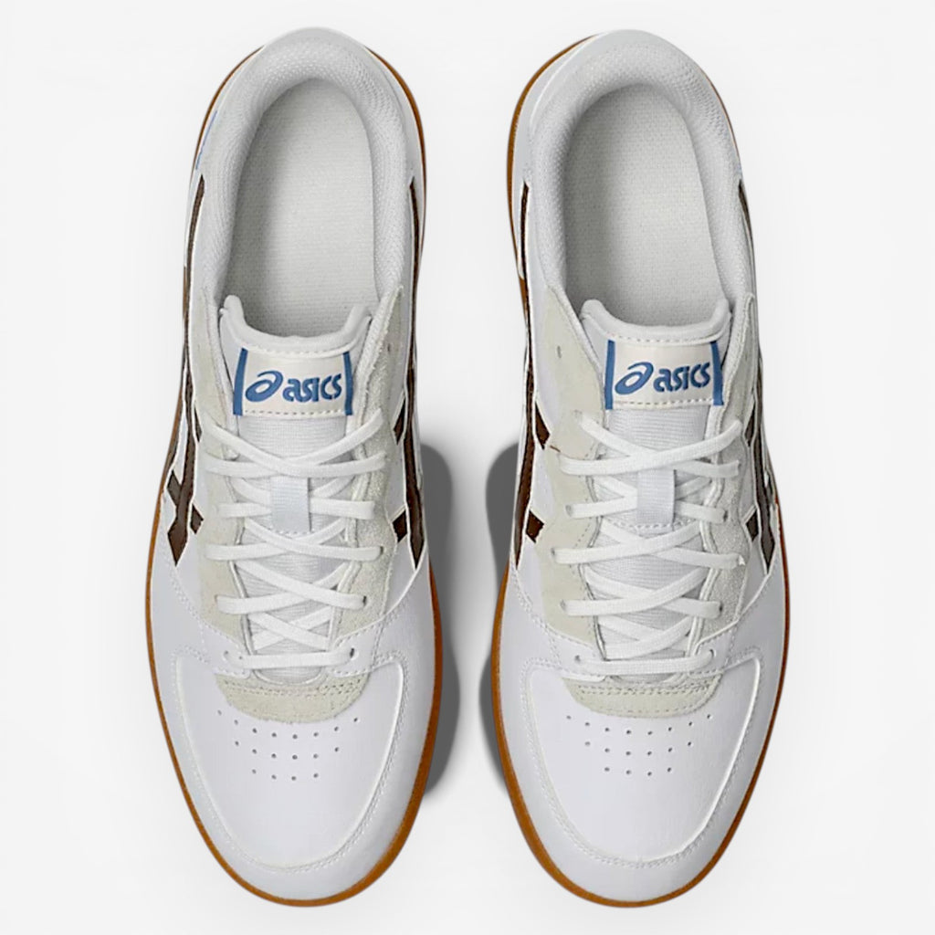 White asics with blue tag