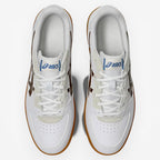 White asics with blue tag