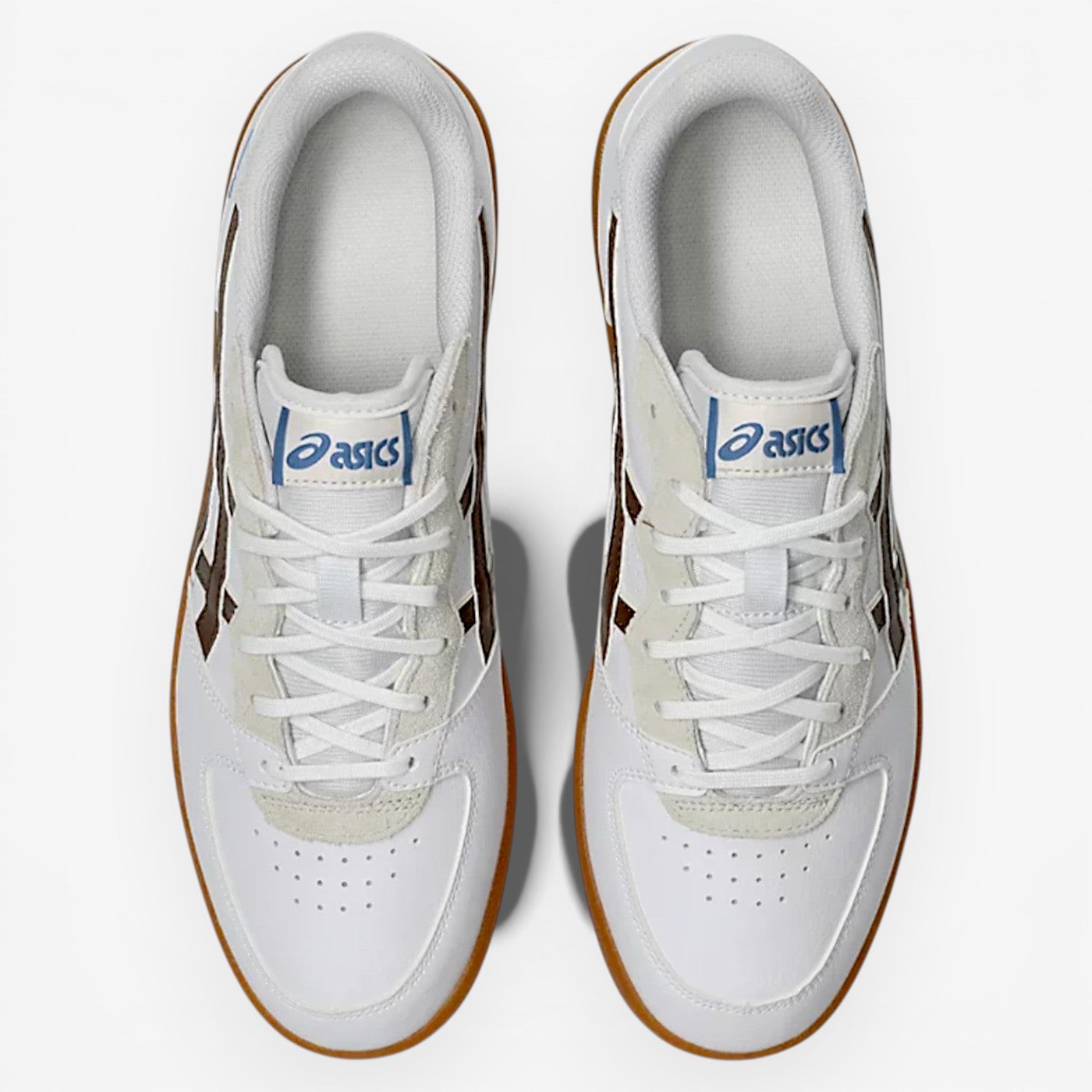 White asics with blue tag