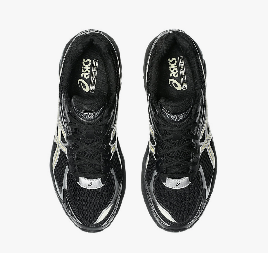 METRO ASICS GT-2160 sneakers in black and beeswax with mesh panels and technical running design, top-down view.