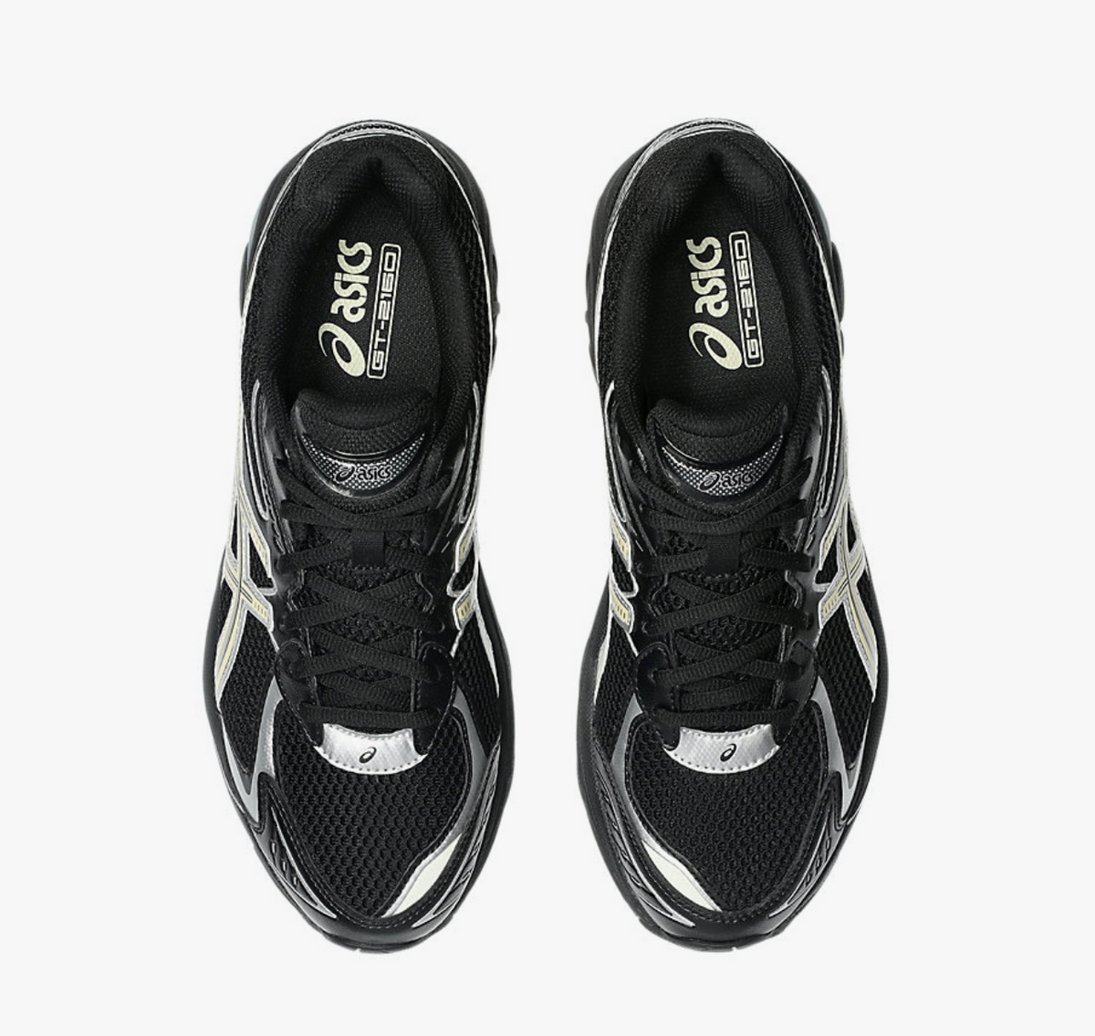 METRO ASICS GT-2160 sneakers in black and beeswax with mesh panels and technical running design, top-down view.