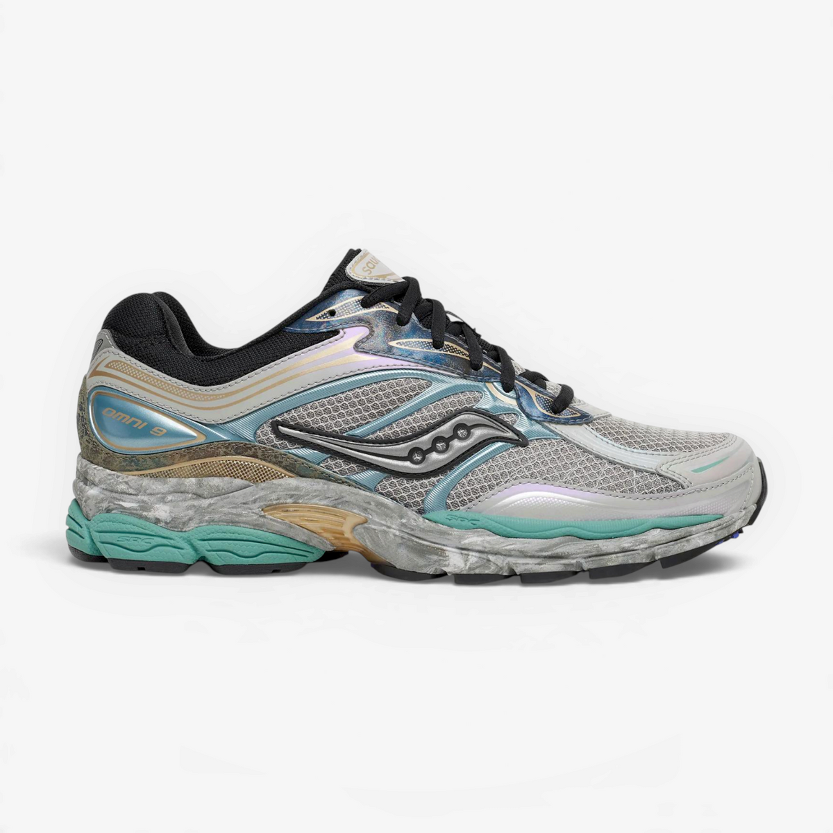 METRO Saucony Daikanyama ProGrid Omni 9 sneaker in Owl/Multi with mesh, suede, leather, and TPU midfoot cage.