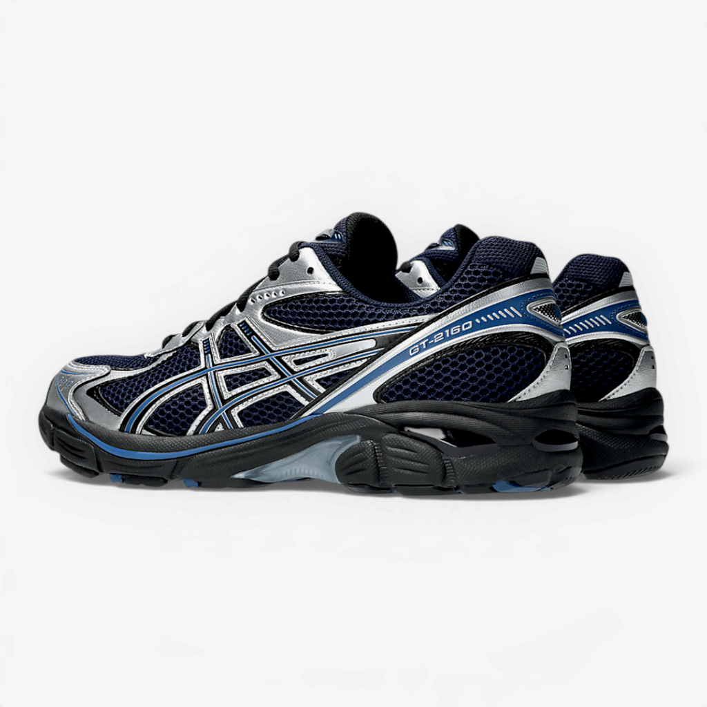METRO ASICS GT-2160 sneaker in midnight blue and black with silver accents, featuring a technical mesh design.