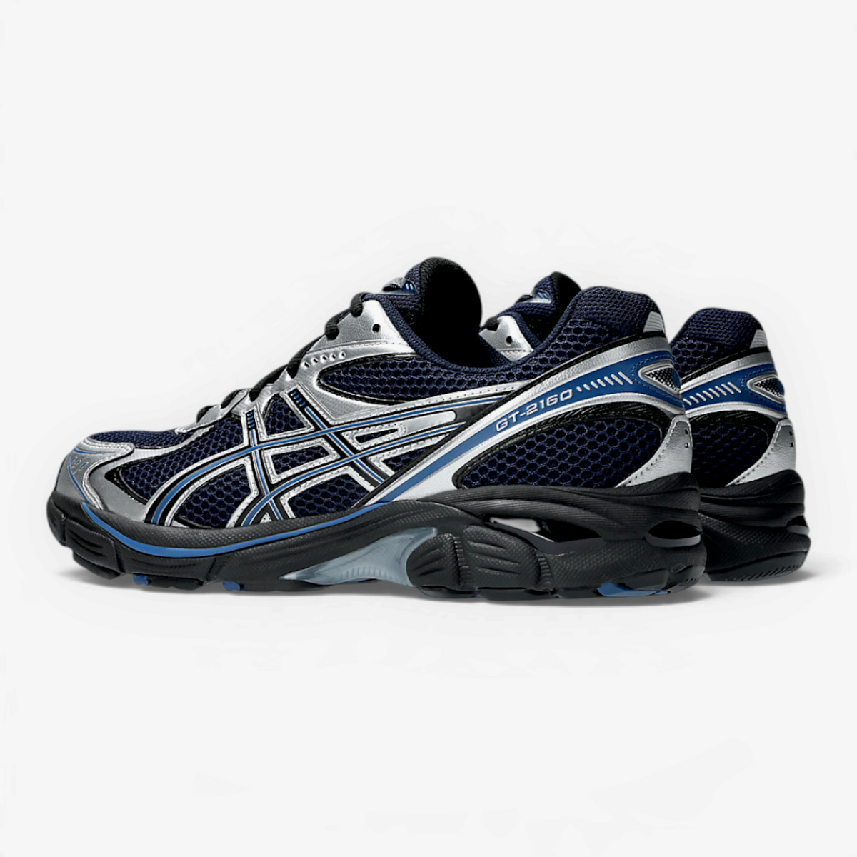 METRO ASICS GT-2160 sneaker in midnight blue and black with silver accents, featuring a technical mesh design.