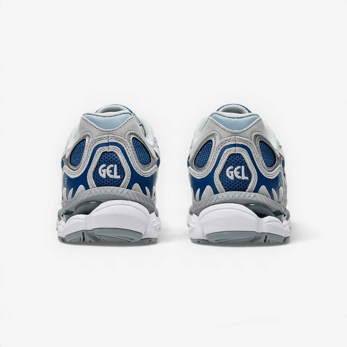 METRO ASICS GEL-NYC sneakers in twilight blue and gravel, showing the rear view with GEL cushioning and layered design