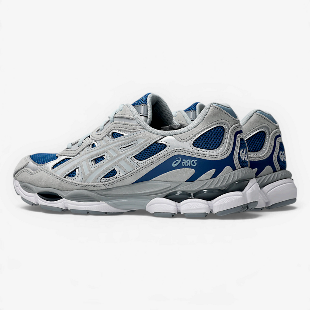 METRO ASICS GEL-NYC sneakers in twilight blue and gravel grey with layered mesh and suede design and GEL cushioning